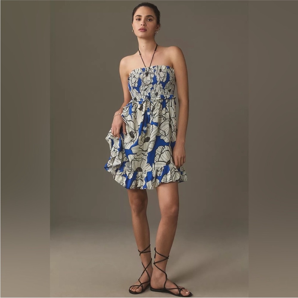 Farm Rio Blue Floral Strapless Smocked Mini Dress